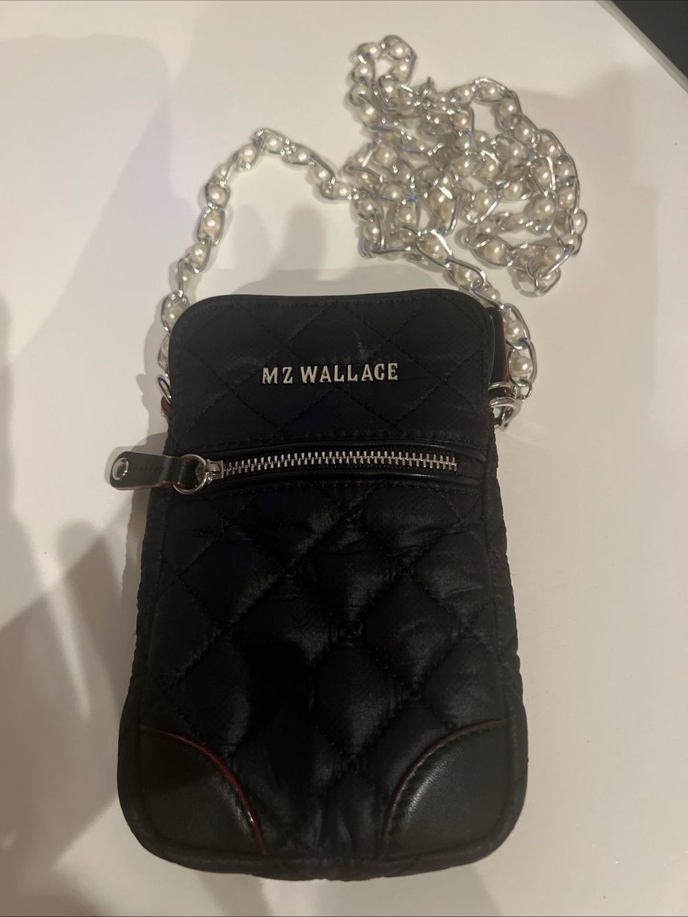 MZ Wallace Micro Quilted Mini Crossbody Black with Pearl Adjustable Strap NEW